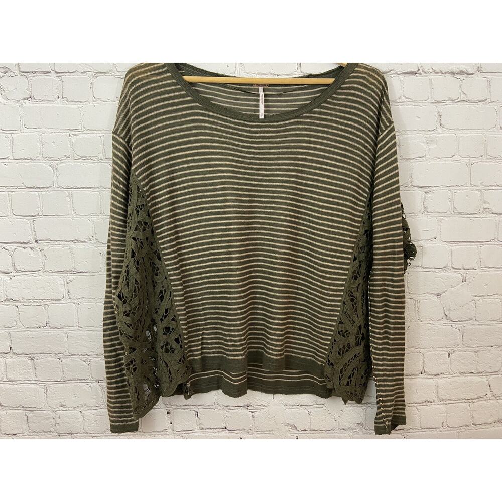 Free People Size Boho Cream Green Lace Sides Pullover Knit Sweater